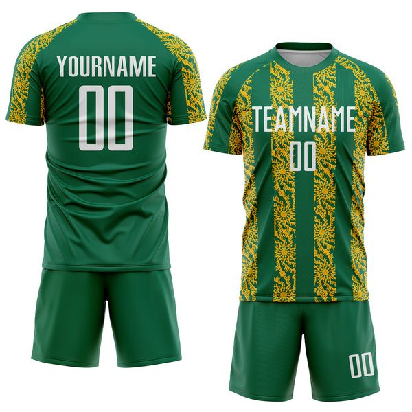 Custom Kelly Green White-Gold Abstract Shape Sublimation Soccer Uniform Jersey