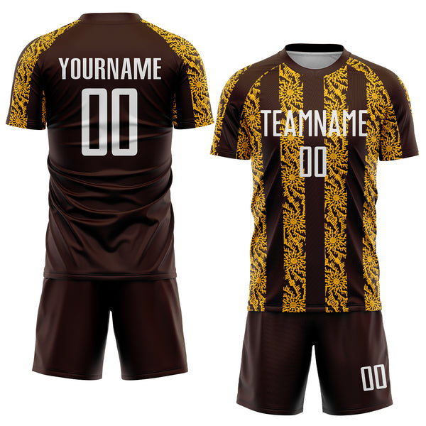 Custom Brown White-Gold Abstract Shape Sublimation Soccer Uniform Jersey