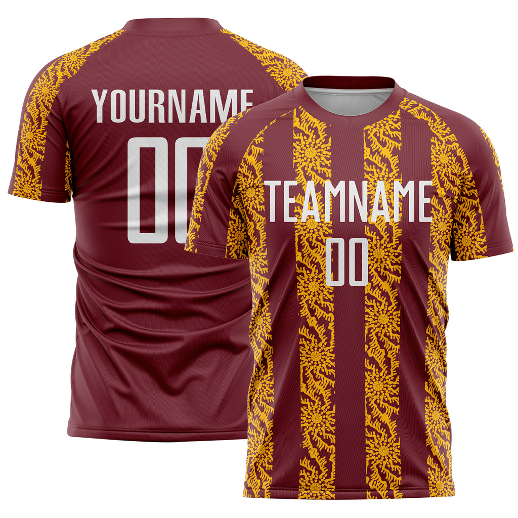 Custom Burgundy White-Gold Abstract Shape Sublimation Soccer Uniform Jersey