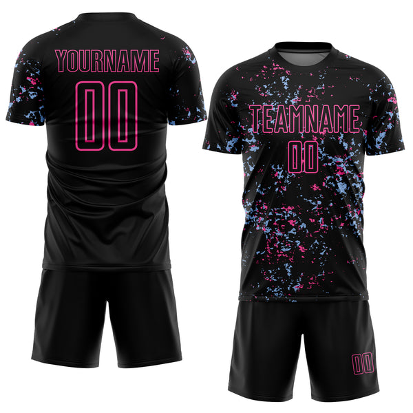 Custom Black Pink-Light Blue Abstract Fragment Art Sublimation Soccer Uniform Jersey