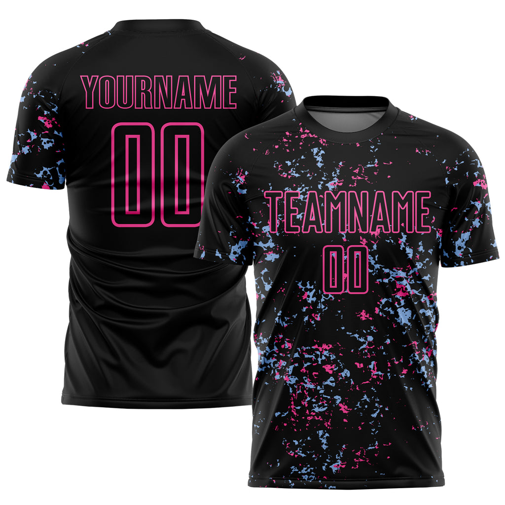 Custom Black Pink-Light Blue Abstract Fragment Art Sublimation Soccer Uniform Jersey