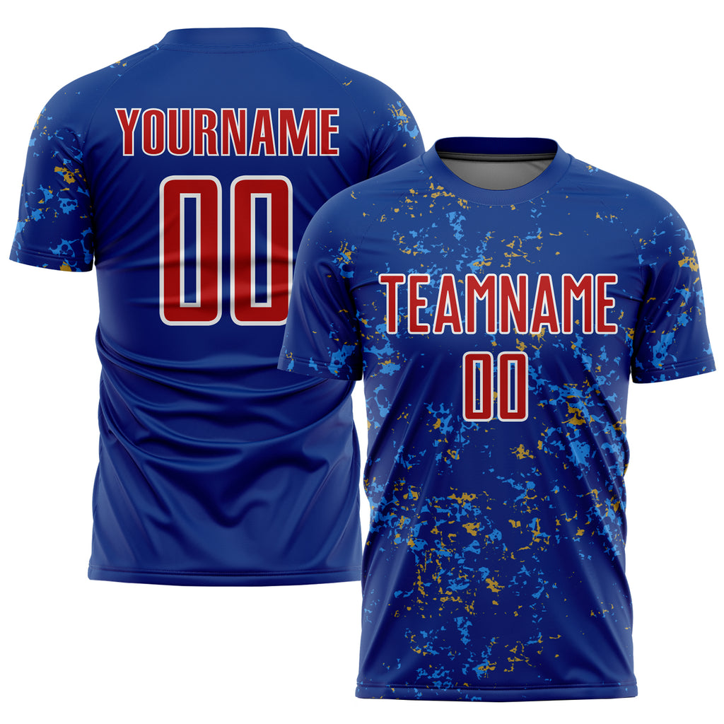 Custom Royal Red Old Gold-Powder Blue Abstract Fragment Art Sublimation Soccer Uniform Jersey