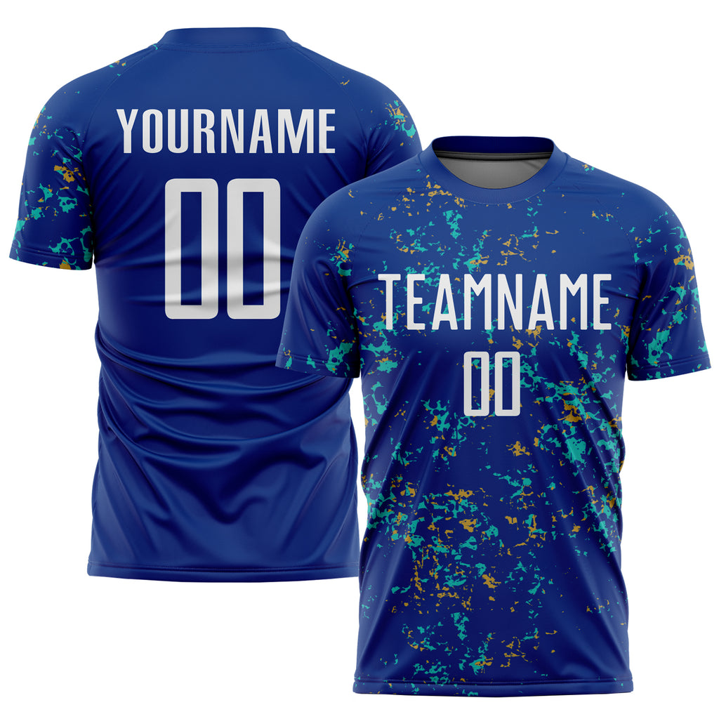 Custom Royal Old Gold-Aqua Abstract Fragment Art Sublimation Soccer Uniform Jersey