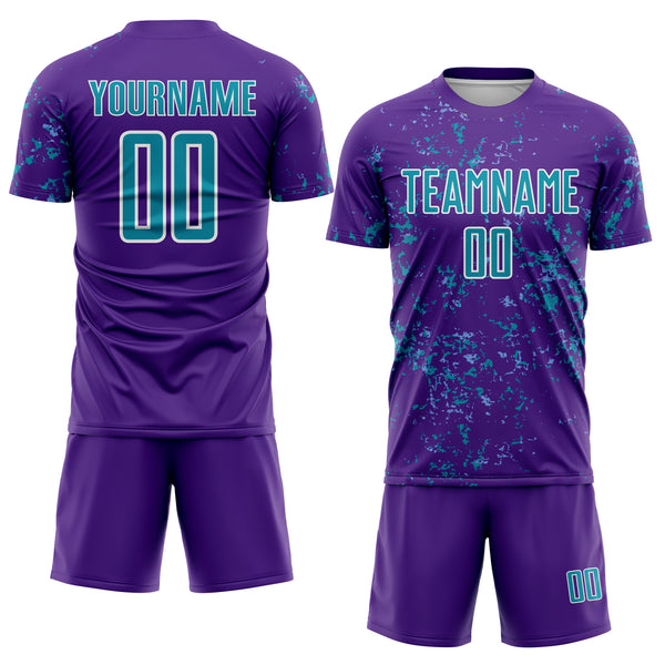 Custom Purple Teal-Light Blue Abstract Fragment Art Sublimation Soccer Uniform Jersey