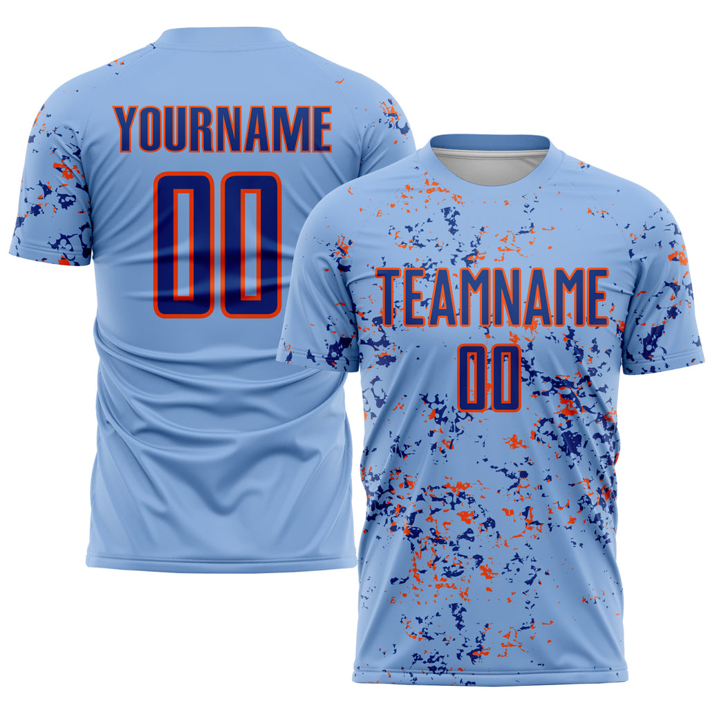 Custom Light Blue Royal-Orange Abstract Fragment Art Sublimation Soccer Uniform Jersey