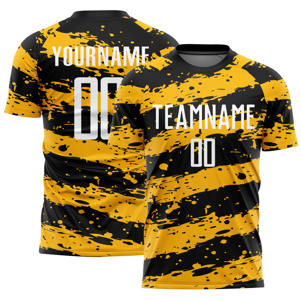 Custom Black White-Gold Splash Sublimation Soccer Uniform Jersey