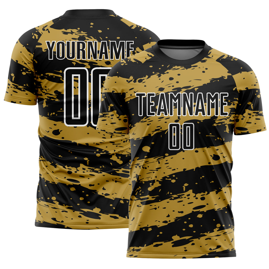 Custom Black Old Gold-White Splash Sublimation Soccer Uniform Jersey