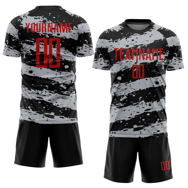 Custom Black Red-Gray Splash Sublimation Soccer Uniform Jersey