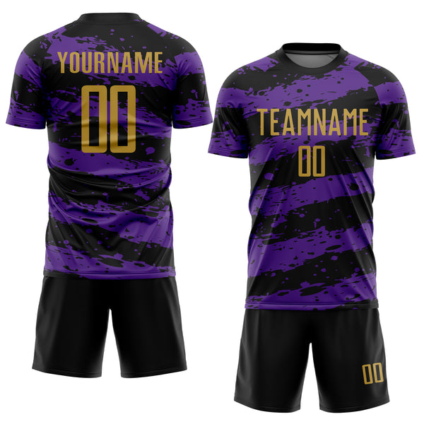 Custom Black Old Gold-Purple Splash Sublimation Soccer Uniform Jersey