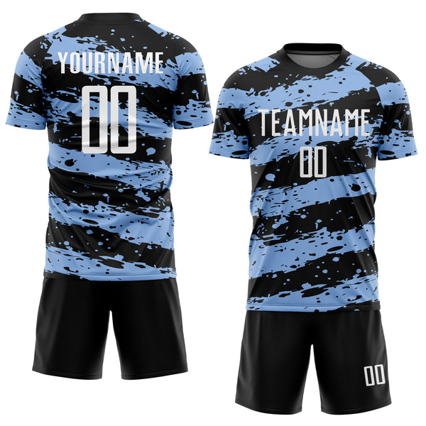 Custom Black White-Light Blue Splash Sublimation Soccer Uniform Jersey