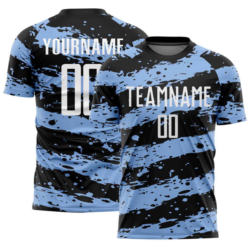 Custom Black White-Light Blue Splash Sublimation Soccer Uniform Jersey