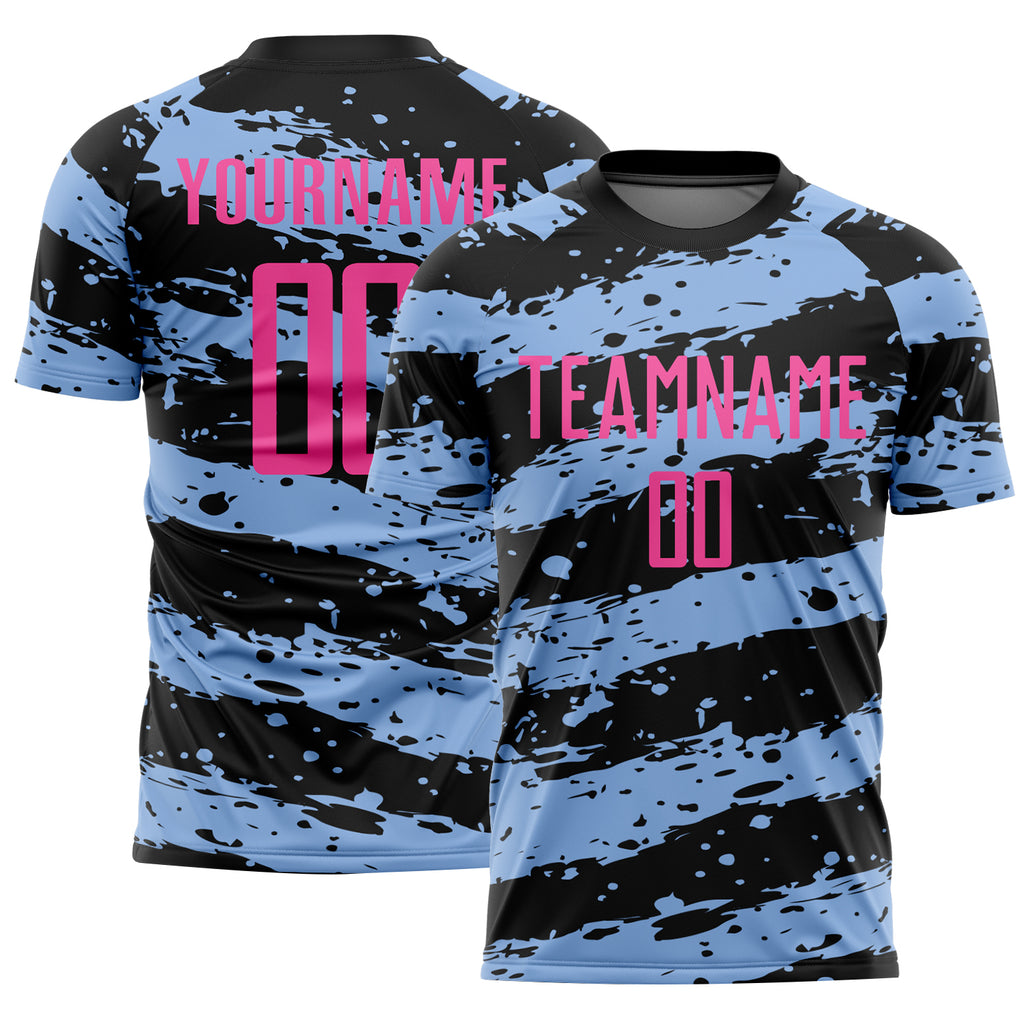 Custom Black Pink-Light Blue Splash Sublimation Soccer Uniform Jersey