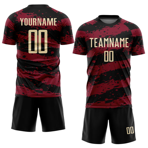 Custom Black Cream-Crimson Splash Sublimation Soccer Uniform Jersey