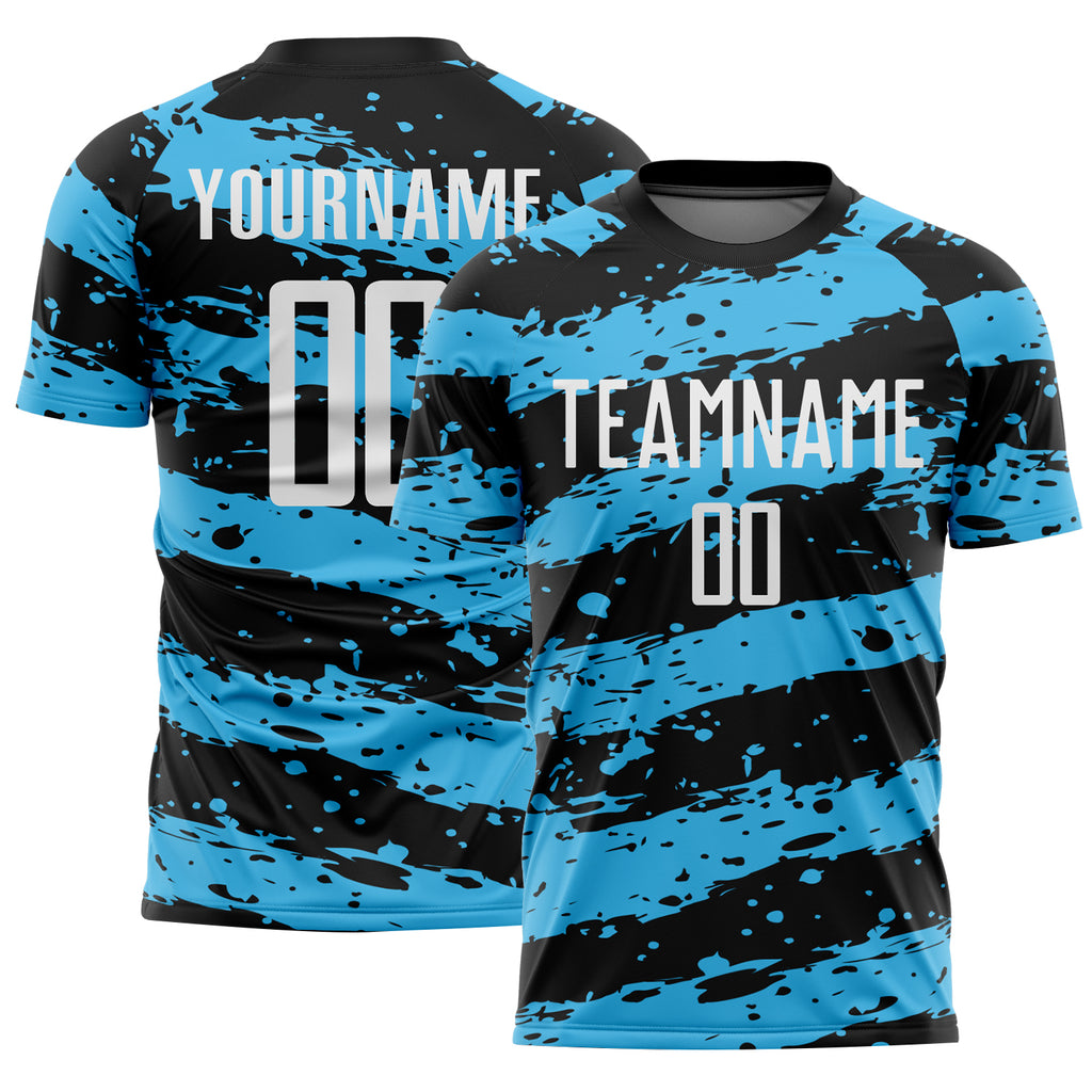 Custom Black White-Sky Blue Splash Sublimation Soccer Uniform Jersey