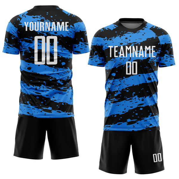 Custom Black White-Powder Blue Splash Sublimation Soccer Uniform Jersey