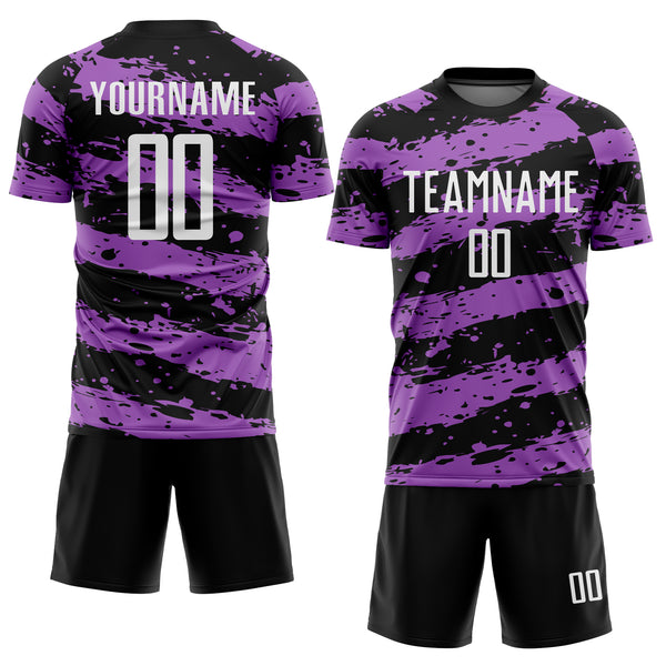 Custom Black White-Medium Purple Splash Sublimation Soccer Uniform Jersey