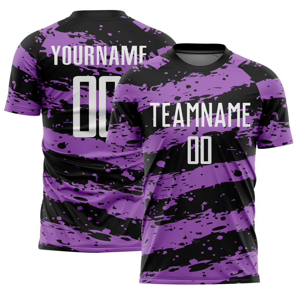 Custom Black White-Medium Purple Splash Sublimation Soccer Uniform Jersey