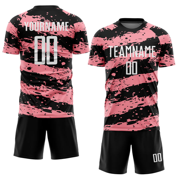 Custom Black White-Medium Pink Splash Sublimation Soccer Uniform Jersey