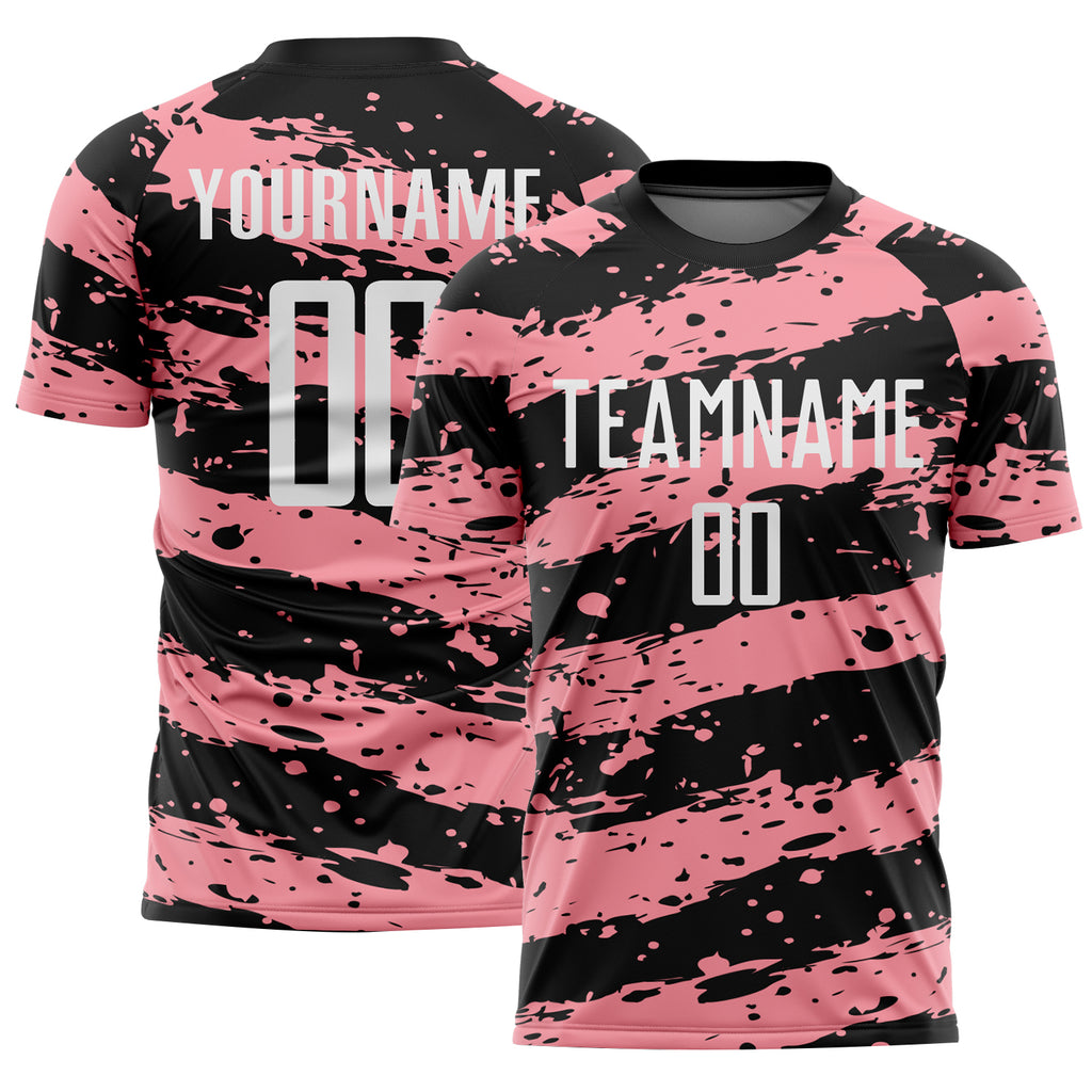 Custom Black White-Medium Pink Splash Sublimation Soccer Uniform Jersey