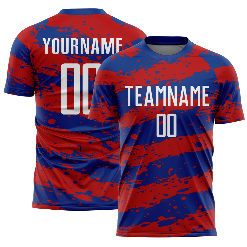 Custom Royal White-Red Splash Sublimation Soccer Uniform Jersey