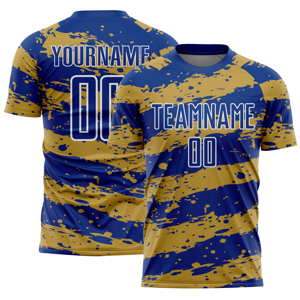 Custom Royal Old Gold-White Splash Sublimation Soccer Uniform Jersey