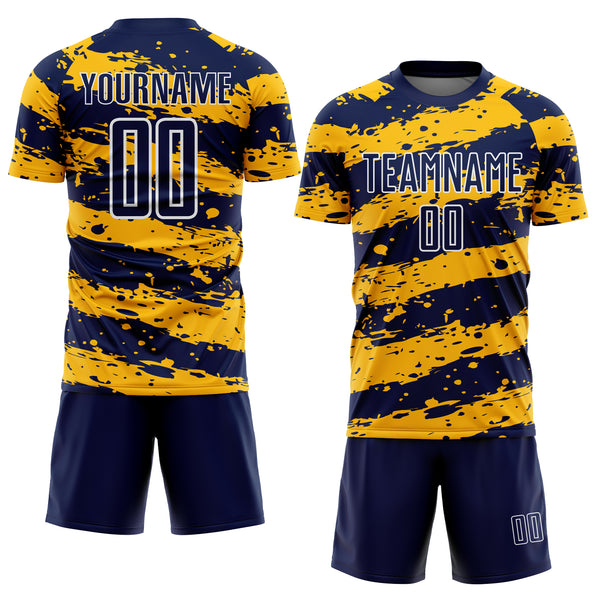 Custom Navy Gold-White Splash Sublimation Soccer Uniform Jersey