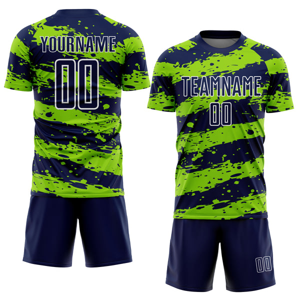 Custom Navy Neon Green-White Splash Sublimation Soccer Uniform Jersey