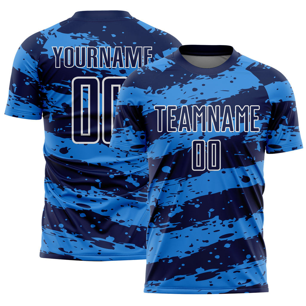 Custom Navy Powder Blue-White Splash Sublimation Soccer Uniform Jersey