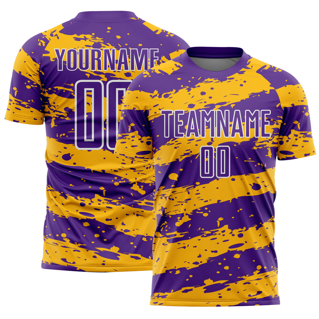 Custom Purple Gold-White Splash Sublimation Soccer Uniform Jersey