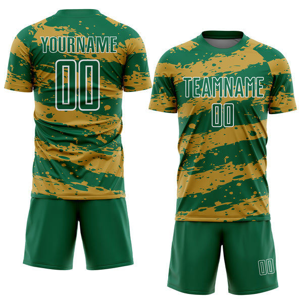 Custom Kelly Green Old Gold-White Splash Sublimation Soccer Uniform Jersey