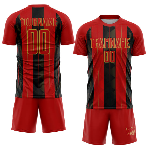 Custom Red Old Gold-Black Line Sublimation Soccer Uniform Jersey