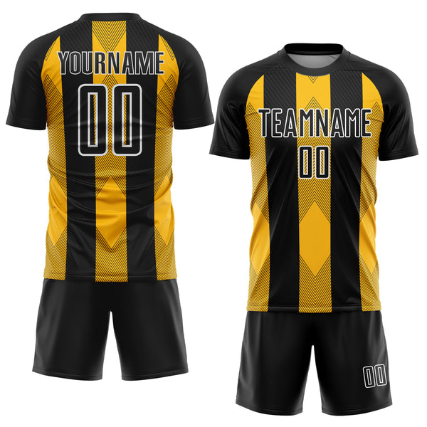 Custom Black Gold-White Line Sublimation Soccer Uniform Jersey