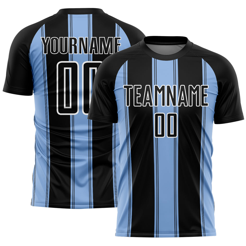 Custom Black Light Blue-White Line Sublimation Soccer Uniform Jersey