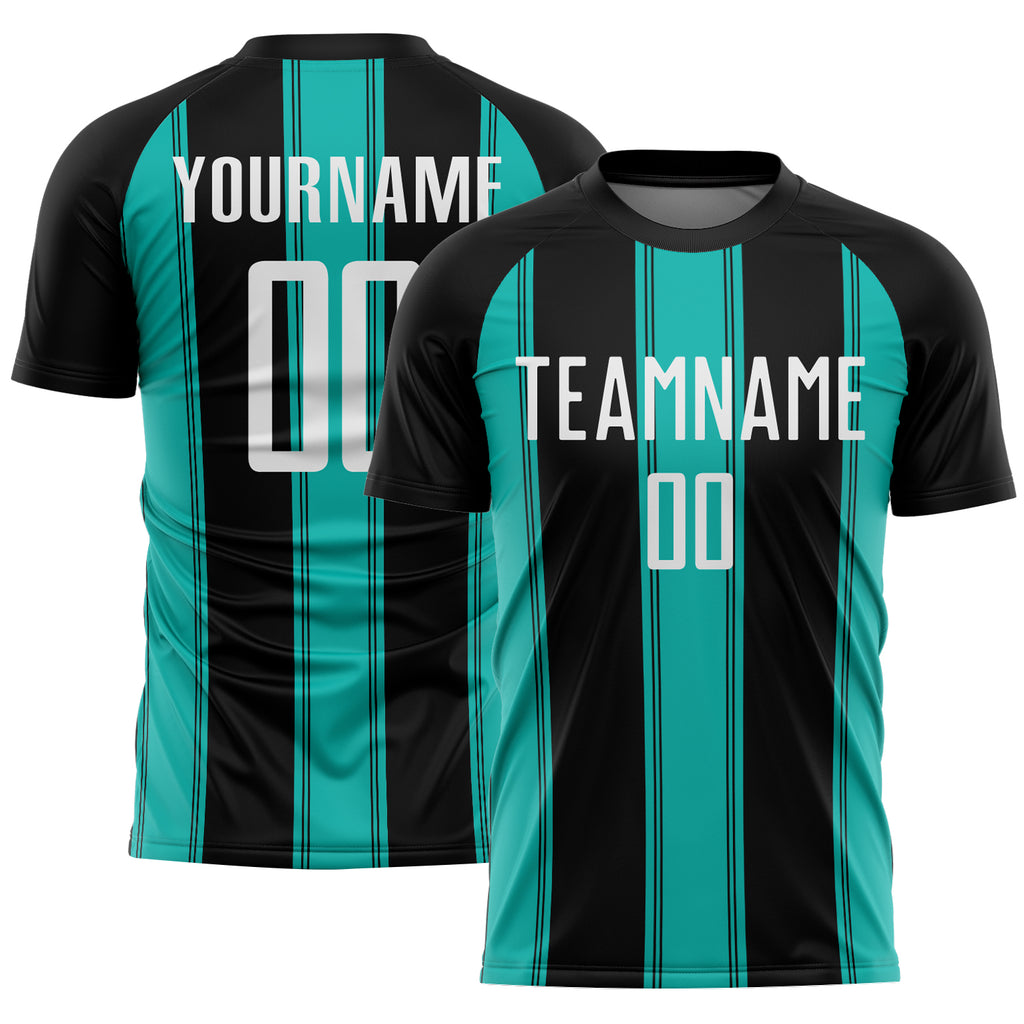 Custom Black White-Aqua Line Sublimation Soccer Uniform Jersey