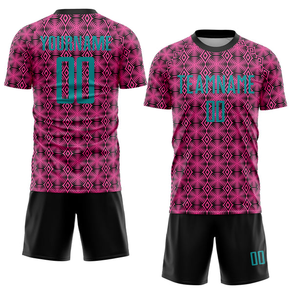 Custom Pink Teal-Black Geometric Shapes Sublimation Soccer Uniform Jersey