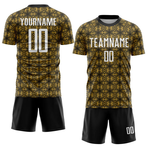 Custom Old Gold White-Black Geometric Shapes Sublimation Soccer Uniform Jersey