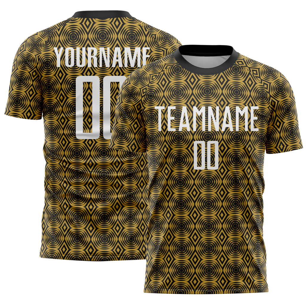 Custom Old Gold White-Black Geometric Shapes Sublimation Soccer Uniform Jersey