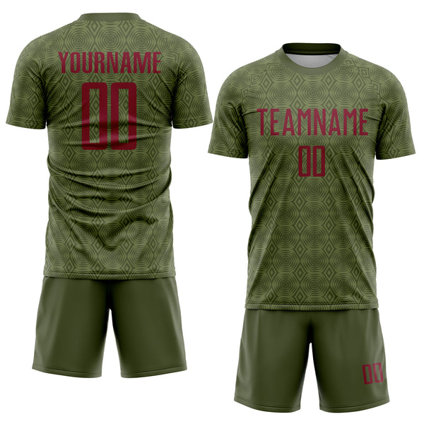 Custom Olive Crimson Geometric Shapes Sublimation Salute To Service Soccer Uniform Jersey