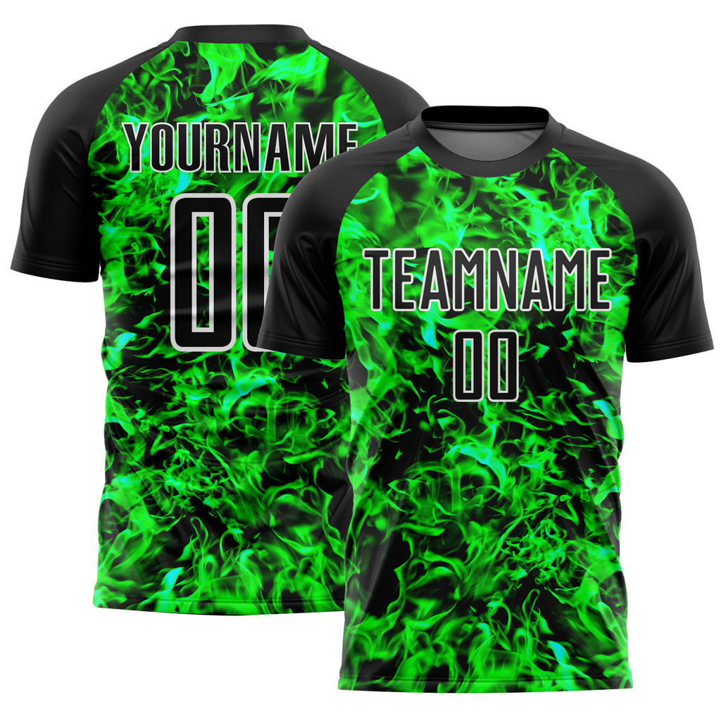 Custom Black Grass Green-White Flame Sublimation Soccer Uniform Jersey