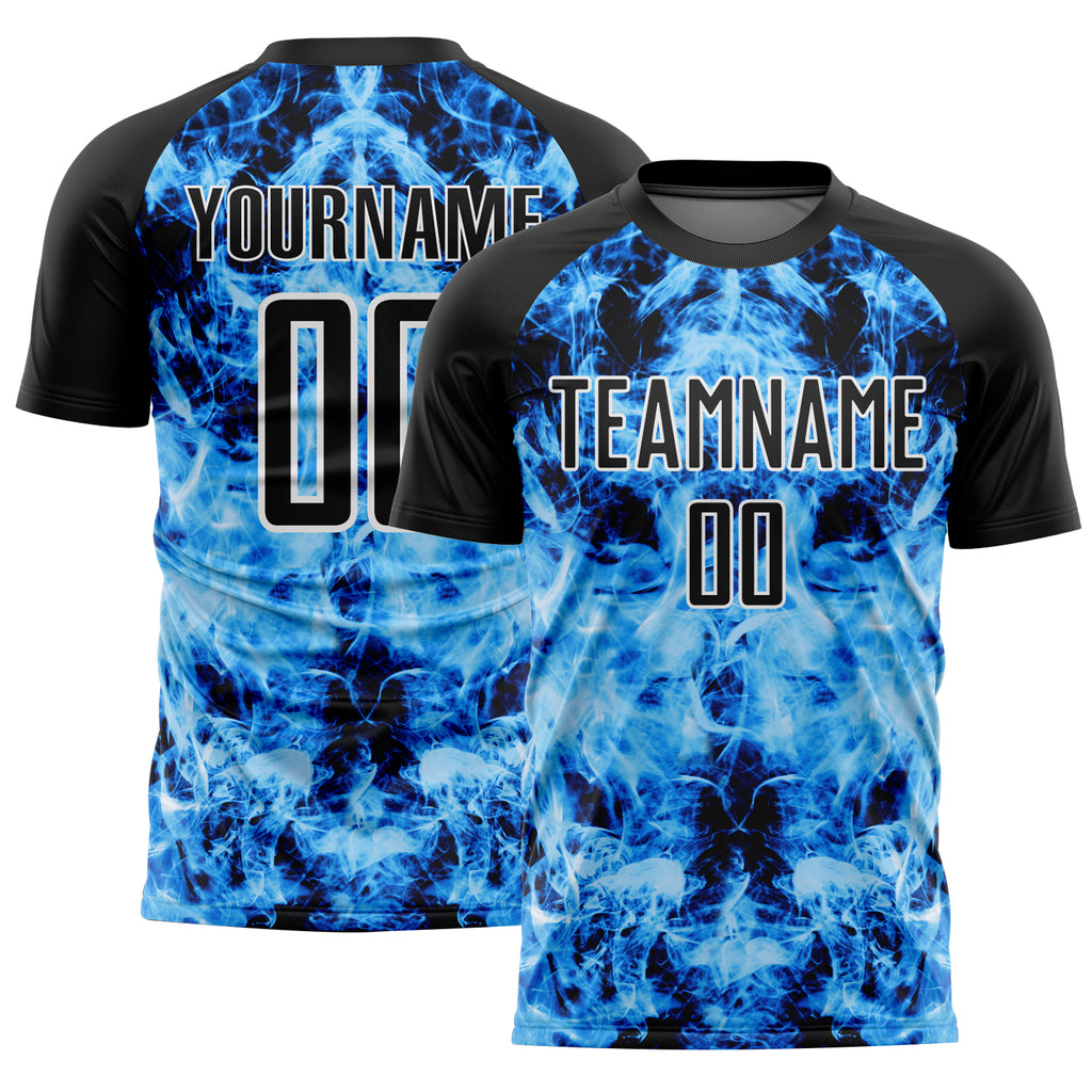 Custom Black Sky Blue-White Flame Sublimation Soccer Uniform Jersey