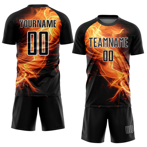 Custom Black Gold-White Flame Sublimation Soccer Uniform Jersey