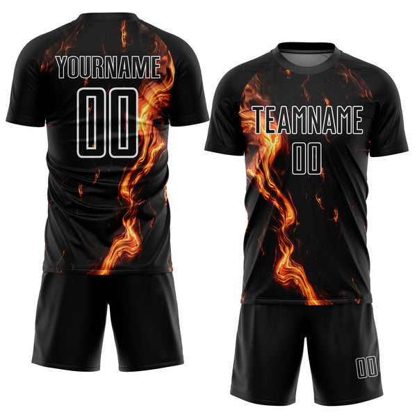 Custom Black Gold-White Flame Sublimation Soccer Uniform Jersey