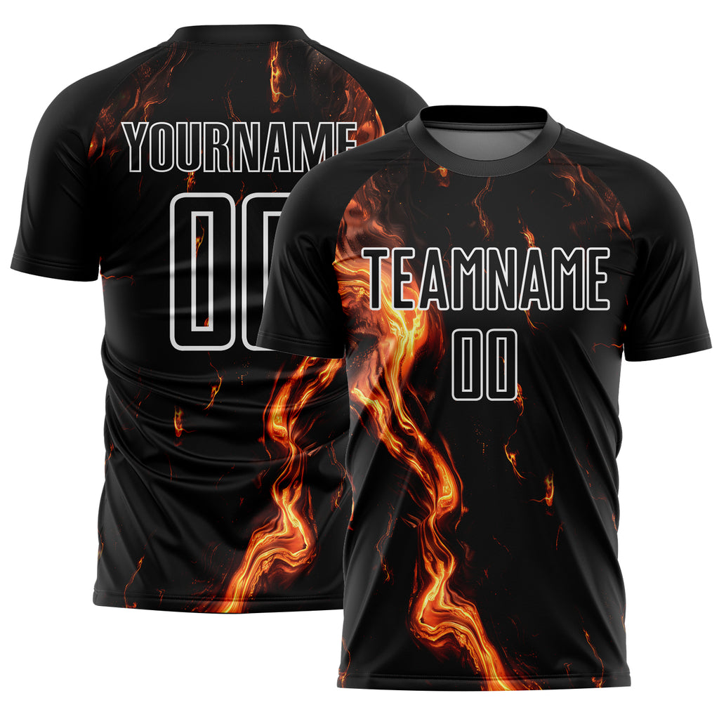 Custom Black Gold-White Flame Sublimation Soccer Uniform Jersey