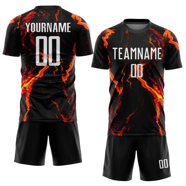 Custom Black White-Gold Flame Sublimation Soccer Uniform Jersey