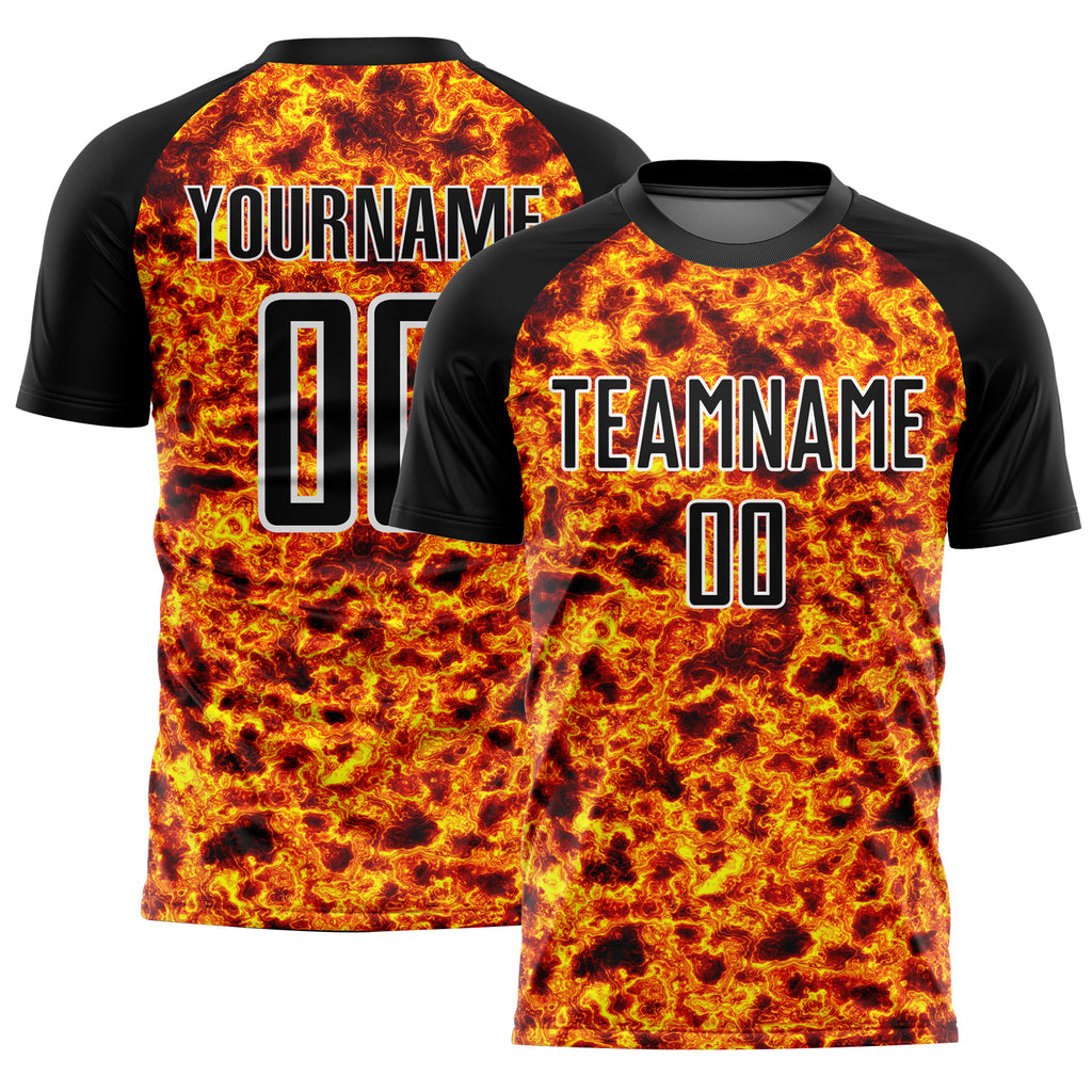 Custom Black Gold-White Flame Sublimation Soccer Uniform Jersey