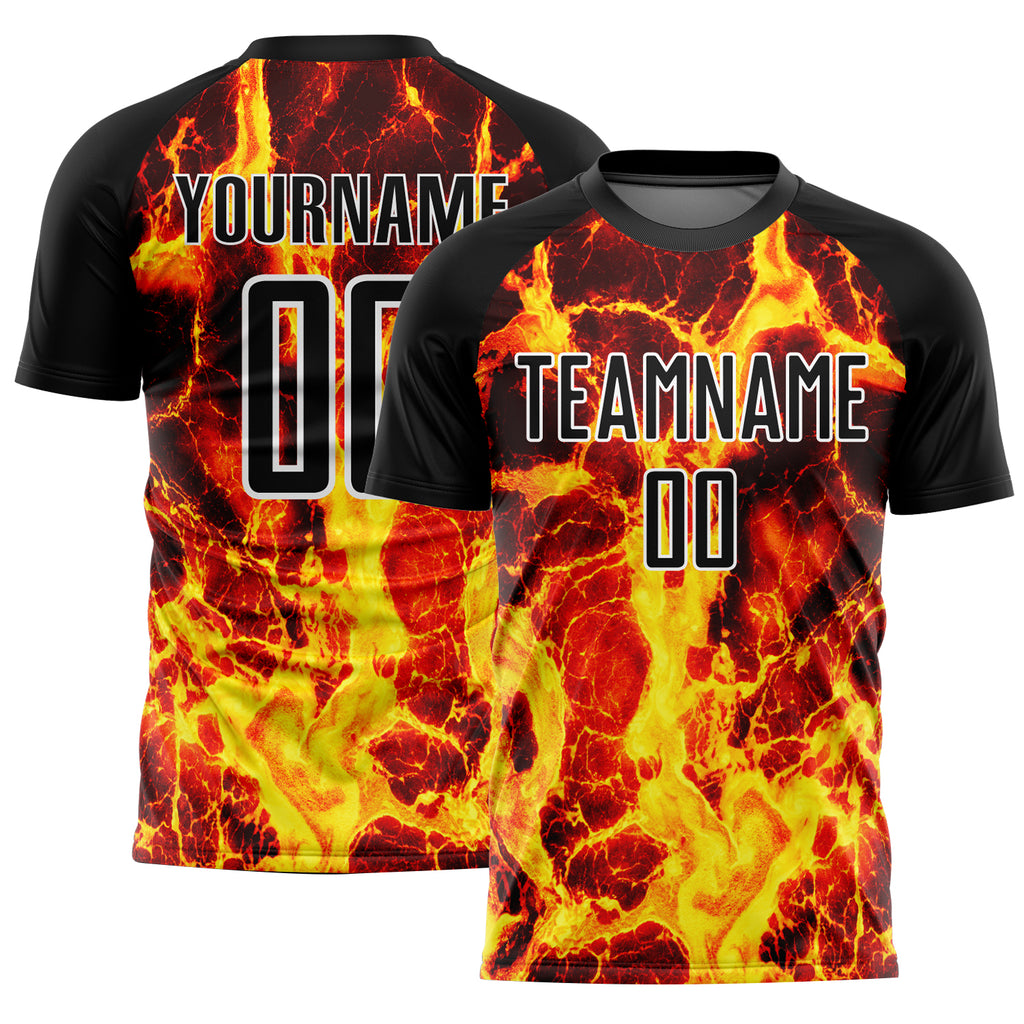 Custom Black Gold-White Flame Sublimation Soccer Uniform Jersey