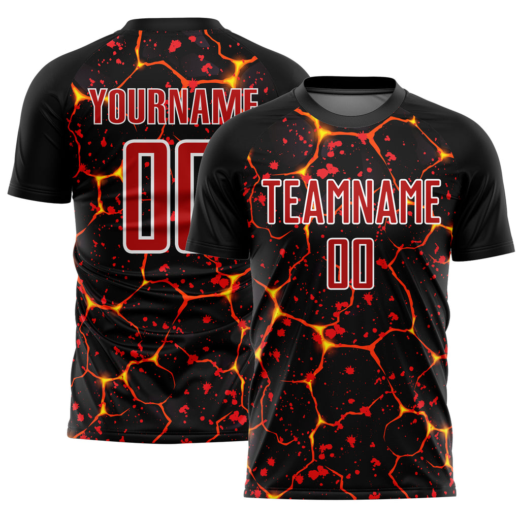 Custom Black Red-White Flame And Splash Sublimation Soccer Uniform Jersey