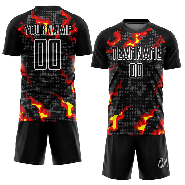 Custom Black Gray Red-Gold Flame Sublimation Soccer Uniform Jersey