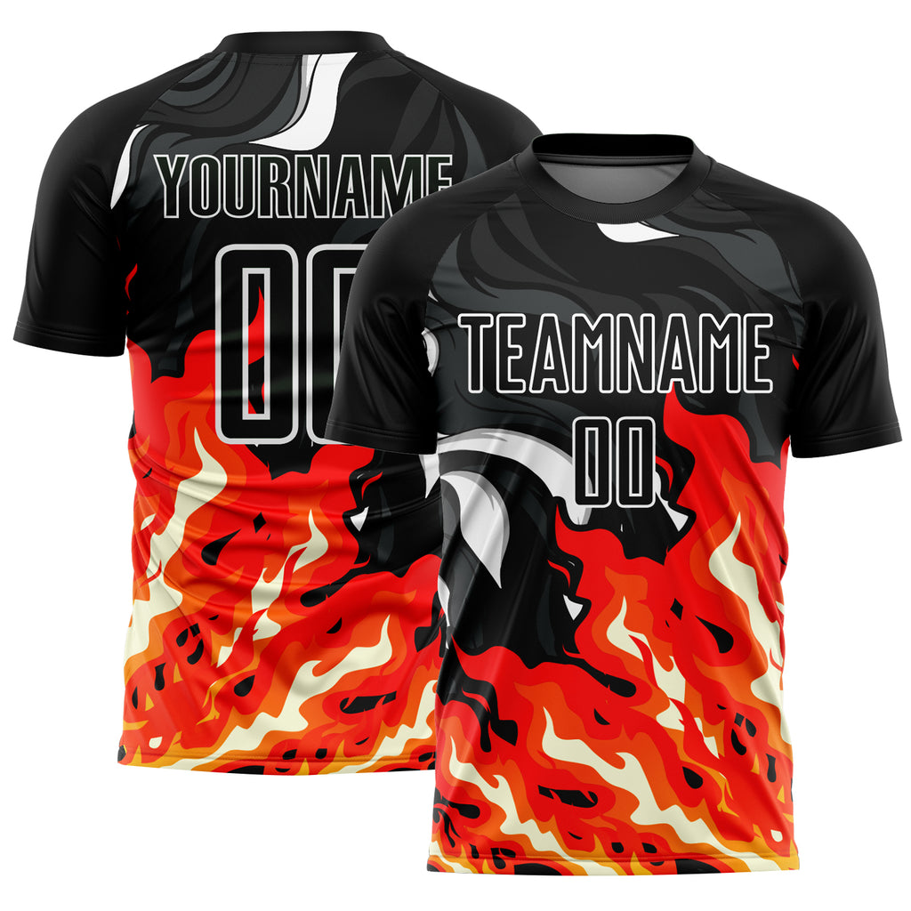 Custom Black Red-Orange Flame Sublimation Soccer Uniform Jersey