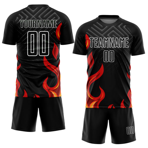 Custom Black Red-Gold Flame Sublimation Soccer Uniform Jersey